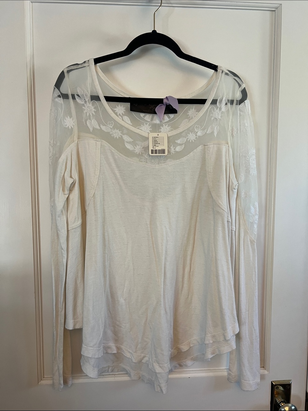 Free People Cream Lace Yoke Long Sleeve Tee